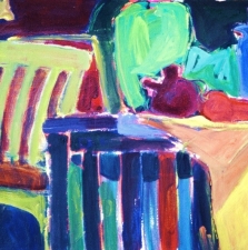1360. Green Chair with Blue Table   22x30 SOLD