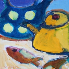 2030. Yellow Tea Kettle with Fish 12x12 SOLD